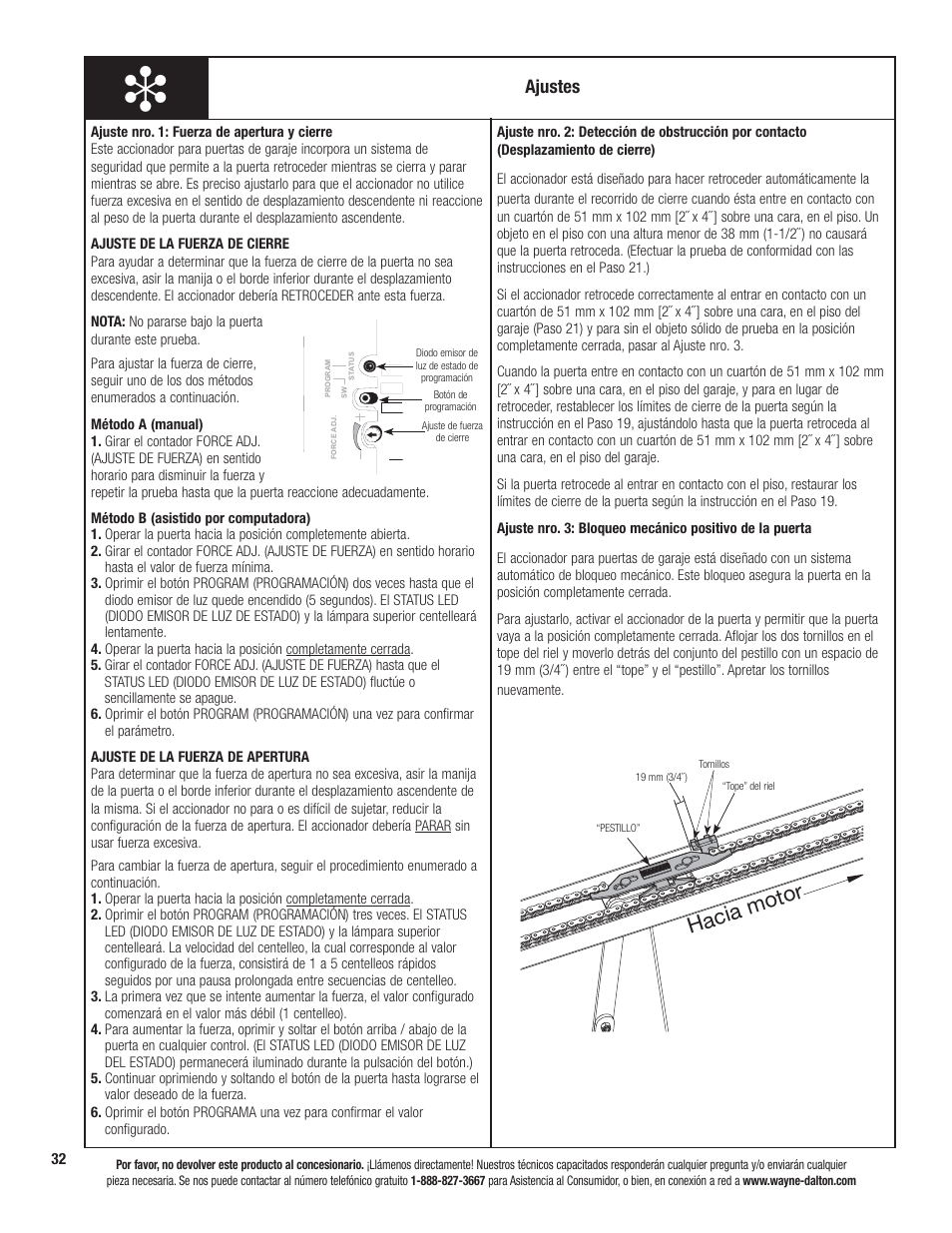 Hacia motor, Ajustes | Wayne-Dalton PRODRIVE 3221C-Z User Manual | Page 86 / 96