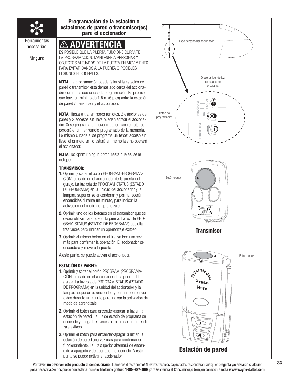 Advertencia, Estación de pared, Transmisor | Wayne-Dalton PRODRIVE 3221C-Z User Manual | Page 87 / 96