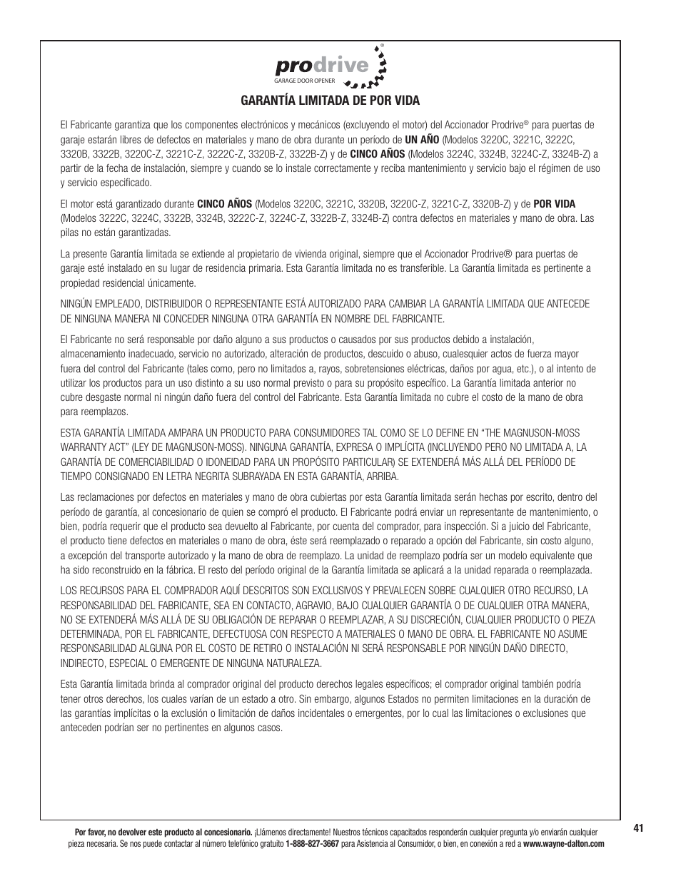 Garantía limitada de por vida | Wayne-Dalton PRODRIVE 3221C-Z User Manual | Page 95 / 96