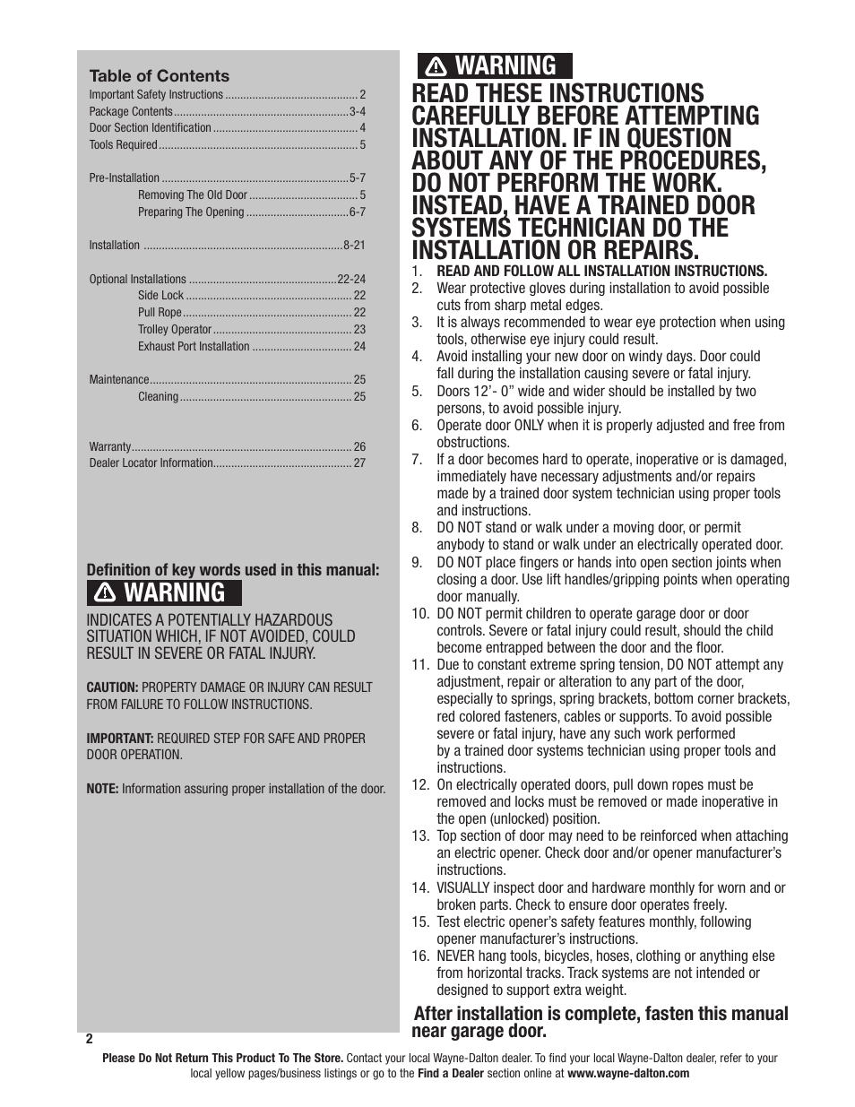 Warning | Wayne-Dalton 8850 User Manual | Page 2 / 27