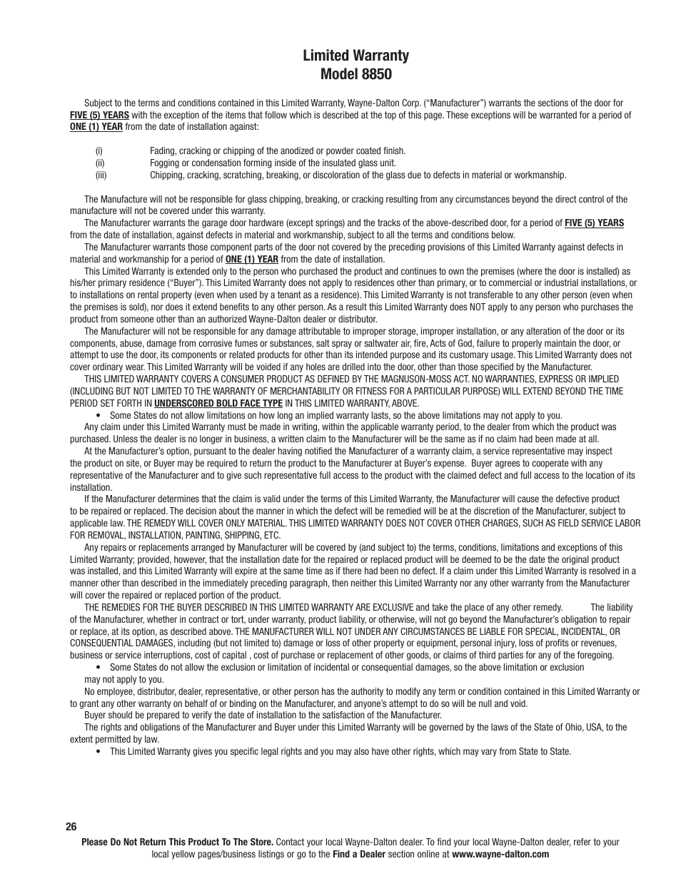 Limited warranty model 8850 | Wayne-Dalton 8850 User Manual | Page 26 / 27