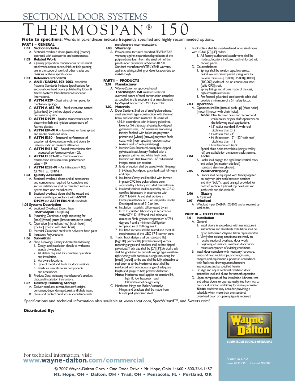 For technical information, visit | Wayne-Dalton THERMOSPAN 150 User Manual | Page 4 / 4