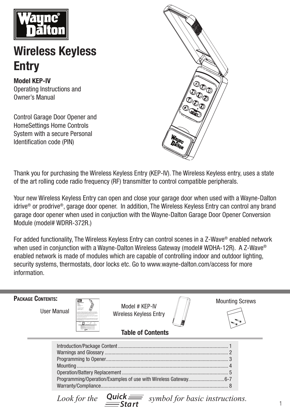 Wayne-Dalton Wireless Keyless Entry KEP-IV User Manual | 8 pages