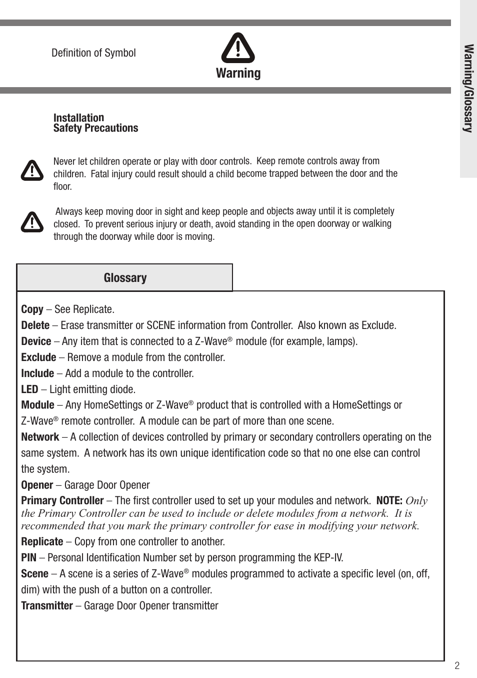 Warning | Wayne-Dalton Wireless Keyless Entry KEP-IV User Manual | Page 2 / 8