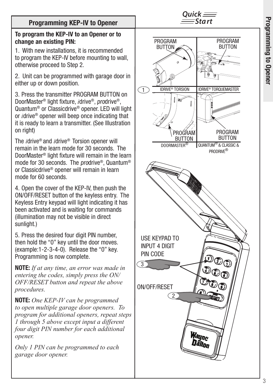 Quick start | Wayne-Dalton Wireless Keyless Entry KEP-IV User Manual | Page 3 / 8