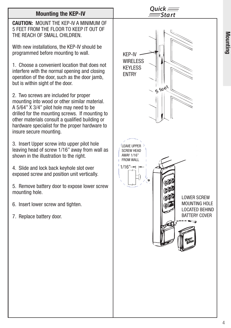 Quick start | Wayne-Dalton Wireless Keyless Entry KEP-IV User Manual | Page 4 / 8