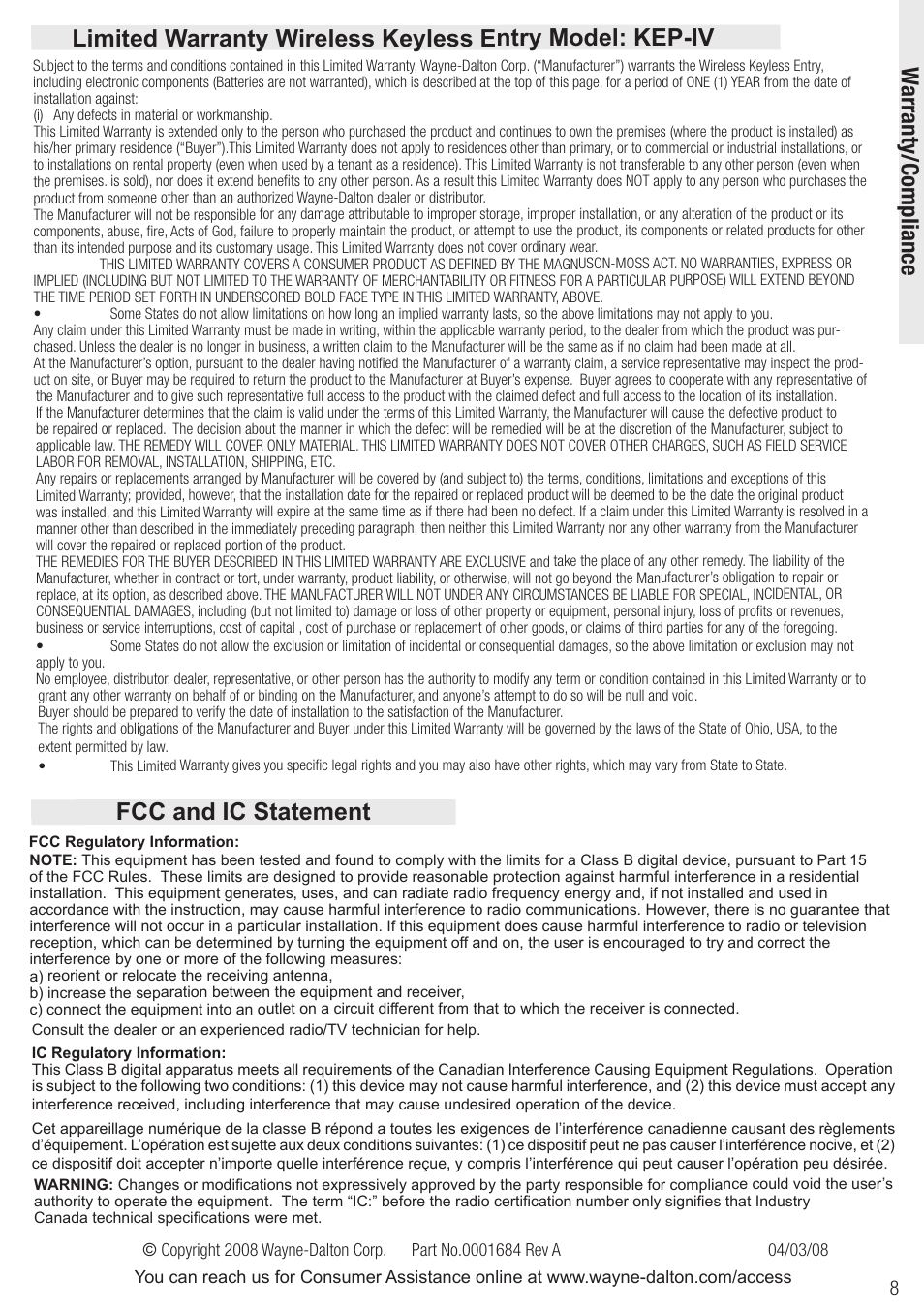 Fcc and ic statement, Warranty/compliance | Wayne-Dalton Wireless Keyless Entry KEP-IV User Manual | Page 8 / 8