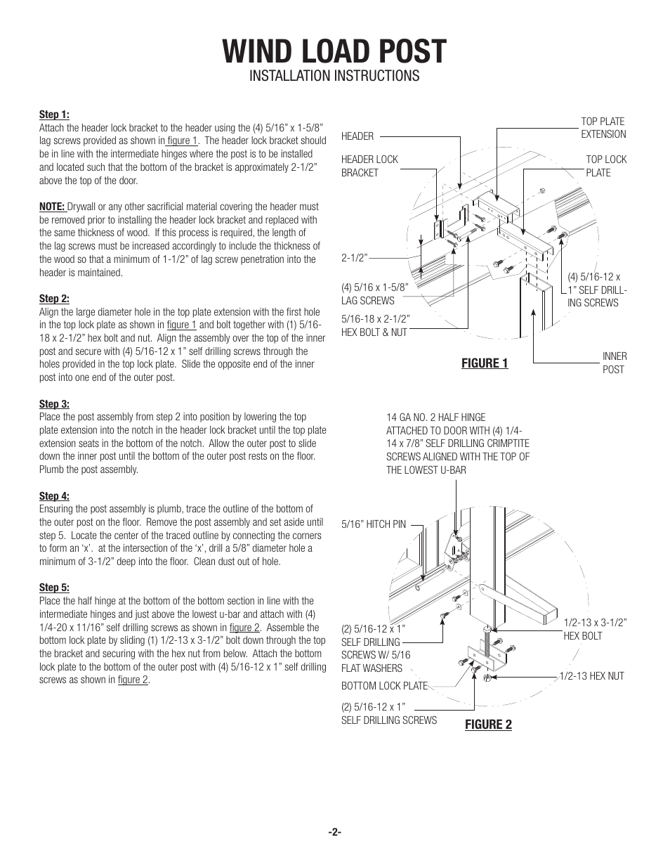 Wind load post, Installation instructions | Wayne-Dalton 8124 User Manual | Page 2 / 4