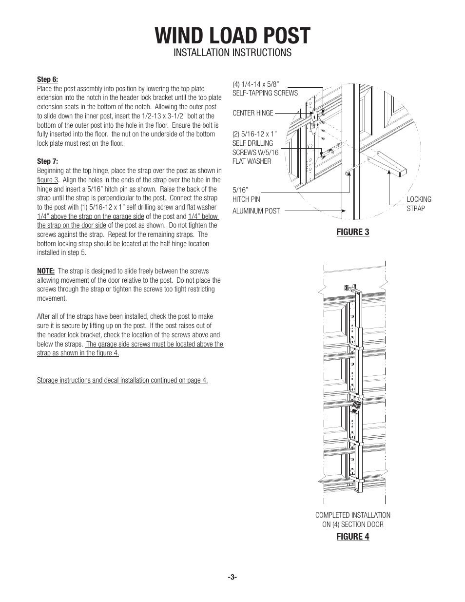 Wind load post, Installation instructions | Wayne-Dalton 8124 User Manual | Page 3 / 4