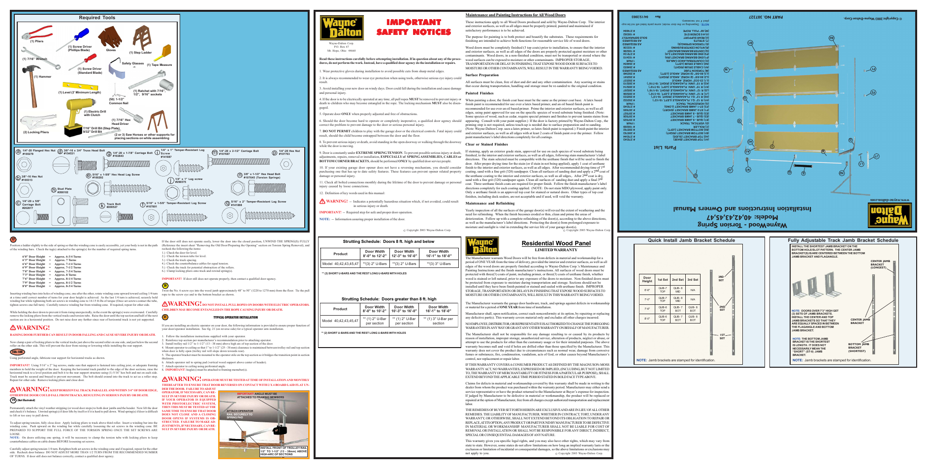 Import, Warning, Residential wood panel | Quick install jamb bracket schedule required tools, Fully adjustable track jamb bracket schedule, Parts list | Wayne-Dalton WAYNEWOOD DOORS 40 User Manual | Page 2 / 2