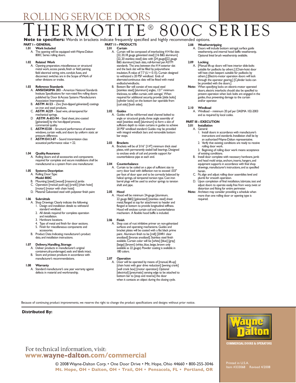 Rolling service doors, For technical information, visit | Wayne-Dalton THERMOTITE 800C User Manual | Page 6 / 6