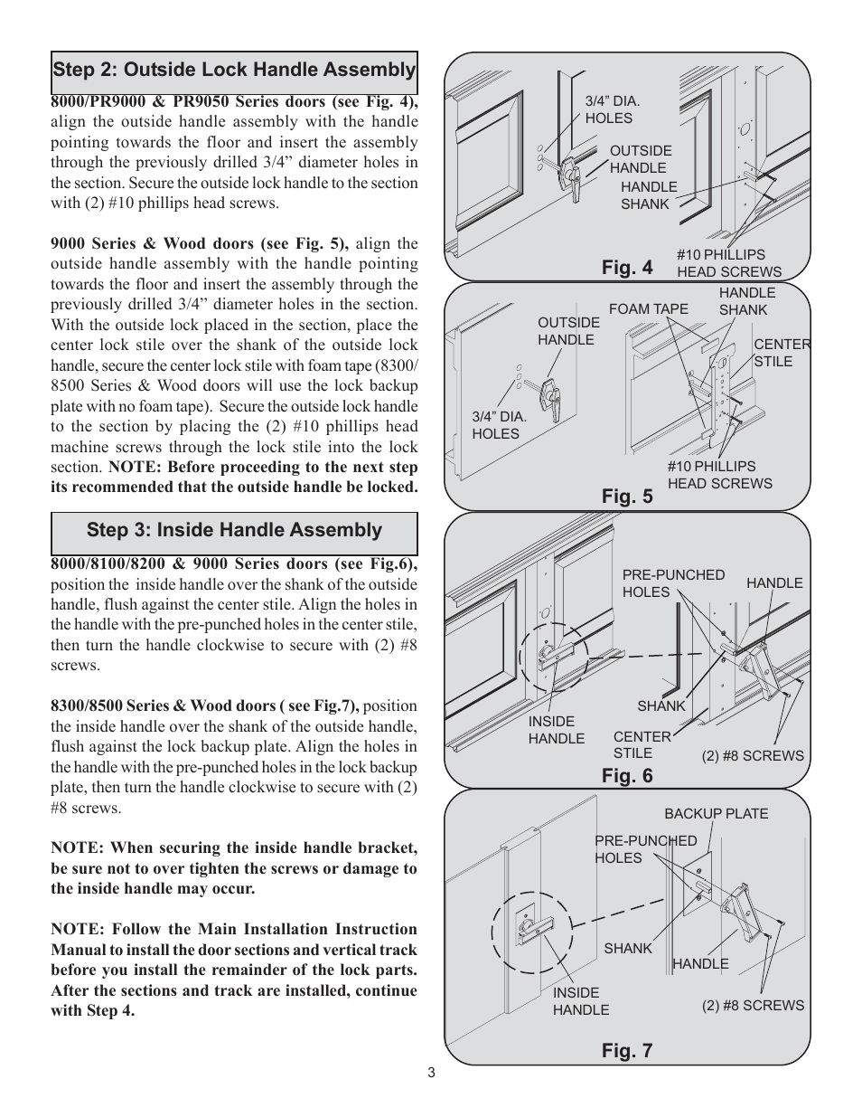 Step 2: outside lock handle assembly, Step 3: inside handle assembly, Fig. 6 fig. 7 | Fig. 4 fig. 5 | Wayne-Dalton 9000 User Manual | Page 3 / 4