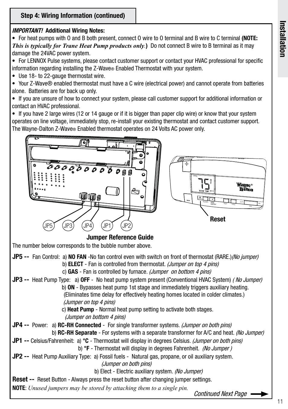 Installation, Continued next page | Wayne-Dalton Z-WAVE WDTC-20 User Manual | Page 11 / 34