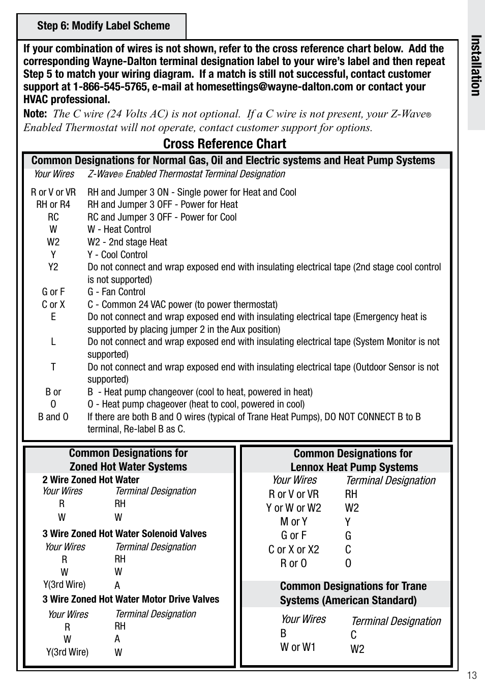 Installation, Cross reference chart | Wayne-Dalton Z-WAVE WDTC-20 User Manual | Page 13 / 34