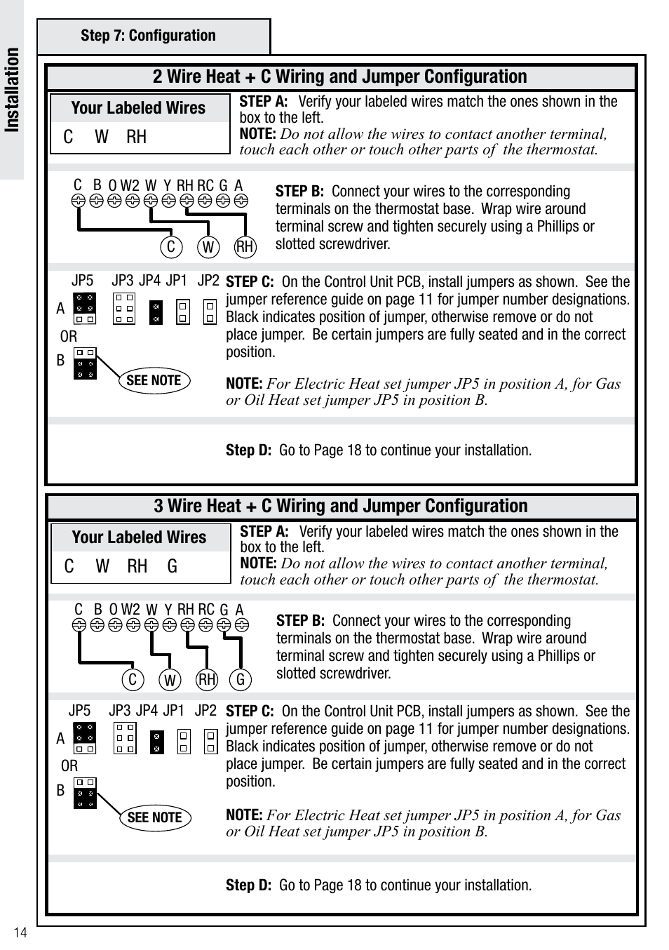 Installation, 3 wire heat + c wiring and jumper configuration, 2 wire heat + c wiring and jumper configuration | Wayne-Dalton Z-WAVE WDTC-20 User Manual | Page 14 / 34