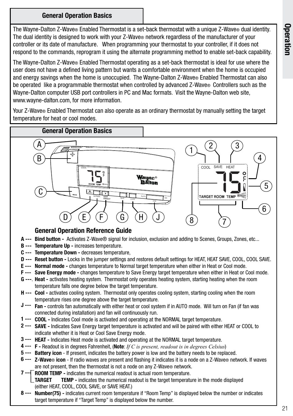 General operation basics, General operation reference guide | Wayne-Dalton Z-WAVE WDTC-20 User Manual | Page 21 / 34