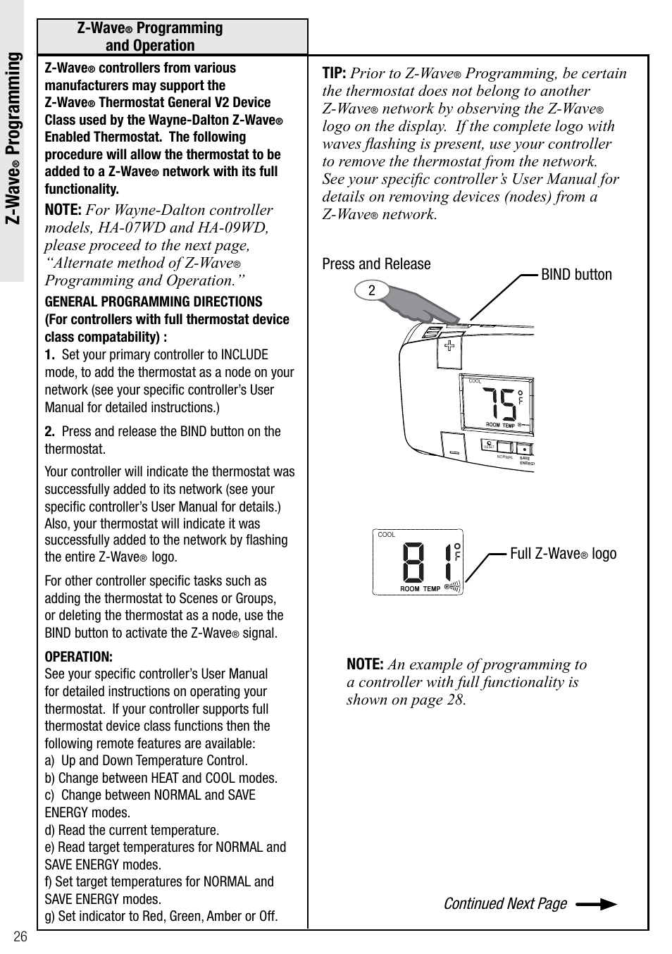Z-w ave, Programming | Wayne-Dalton Z-WAVE WDTC-20 User Manual | Page 26 / 34