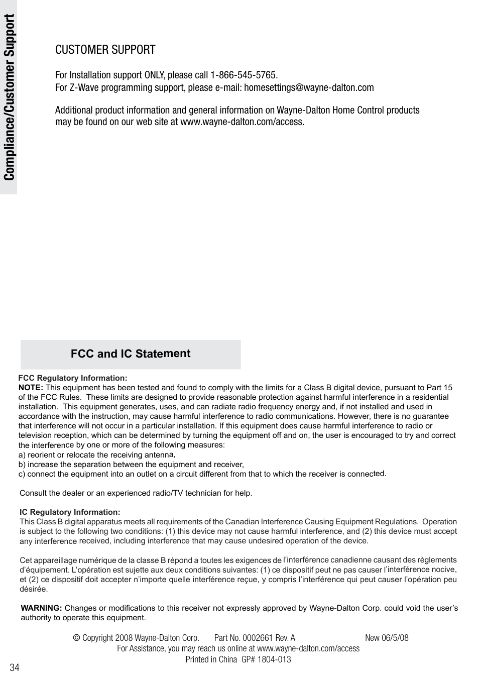 Compliance/customer support, Customer support, Fcc and ic statement | Wayne-Dalton Z-WAVE WDTC-20 User Manual | Page 34 / 34