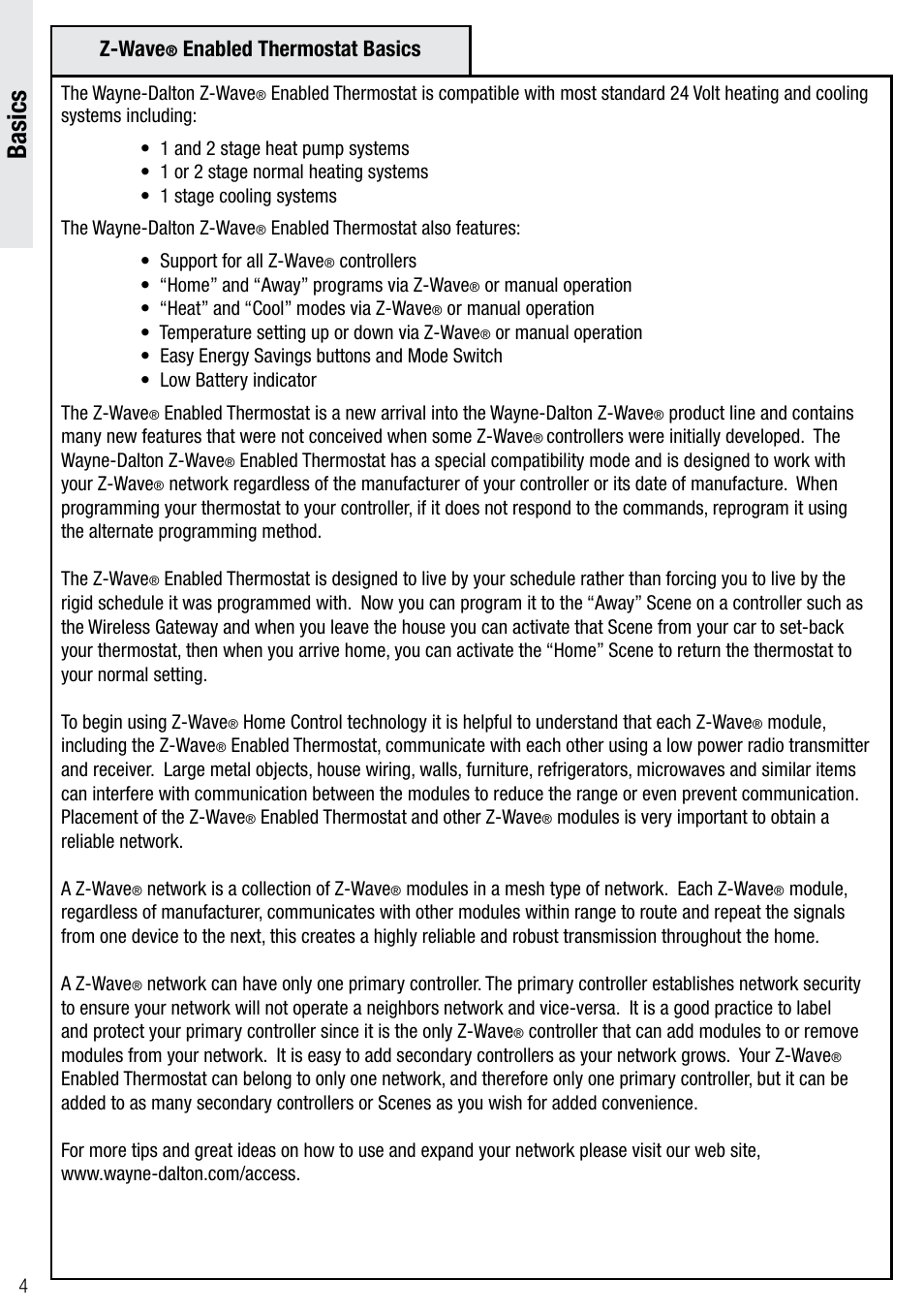 Basics, Z-wave, Enabled thermostat basics | Wayne-Dalton Z-WAVE WDTC-20 User Manual | Page 4 / 34