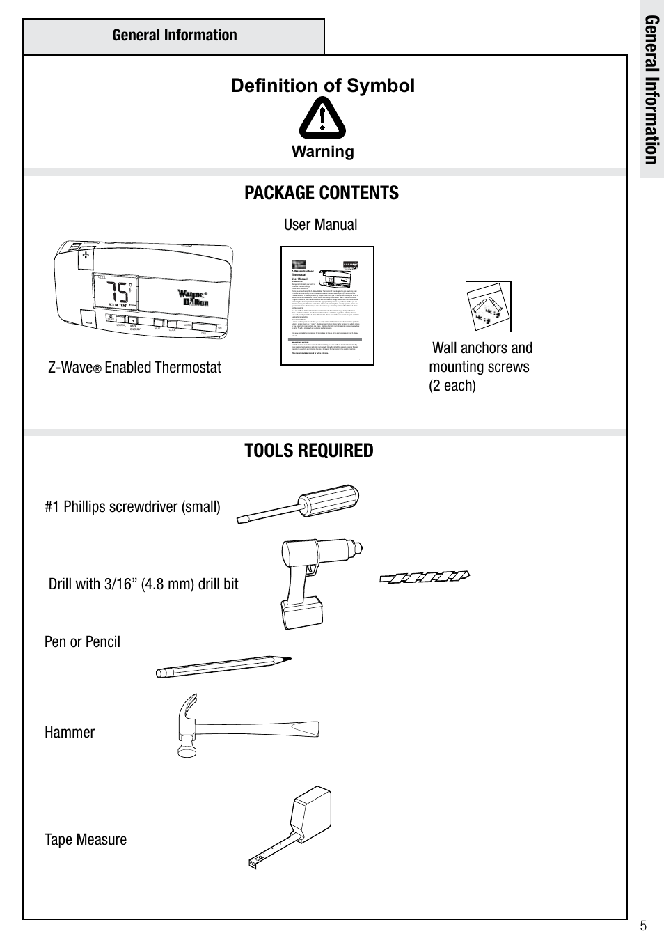 Tools required package contents, General information, Definition of symbol | Z-wave, Enabled thermostat, User manual, Warning, Pen or pencil, Hammer, Tape measure | Wayne-Dalton Z-WAVE WDTC-20 User Manual | Page 5 / 34