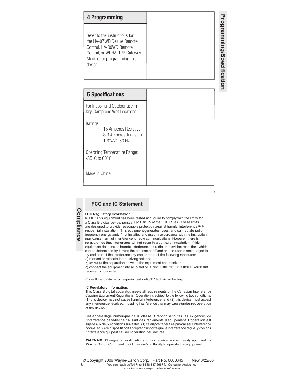 Programming/specification 4 programming, 5 specifications, Compliance | Wayne-Dalton HA-04WD User Manual | Page 4 / 4