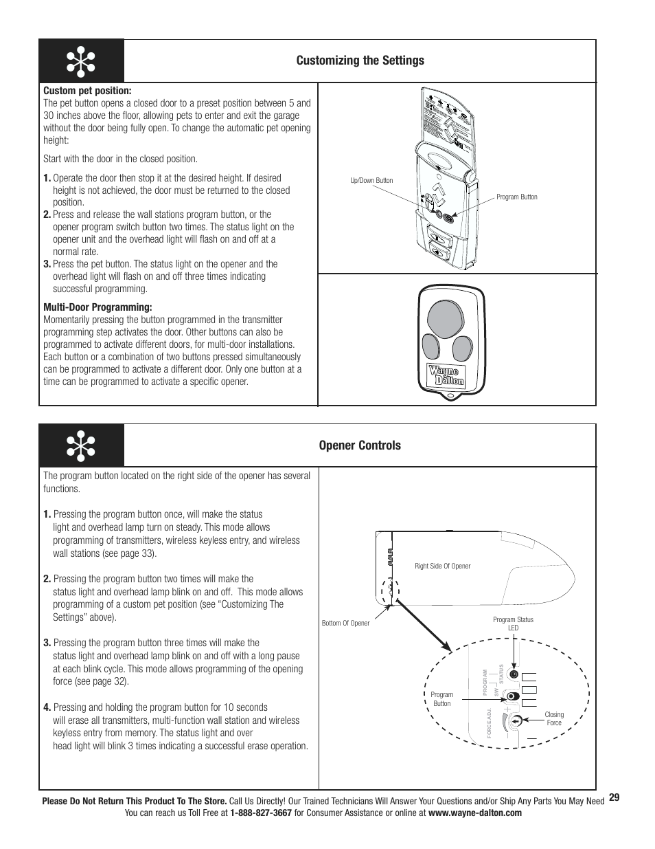 Customizing the settings, Opener controls | Wayne-Dalton Wireless Wall Station User Manual | Page 2 / 2