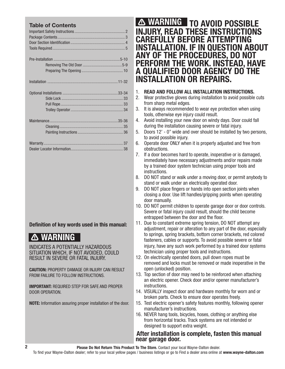 Warning | Wayne-Dalton TORQUEMASTER 9800 User Manual | Page 2 / 38