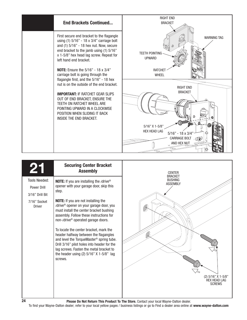 End brackets continued, Securing center bracket assembly | Wayne-Dalton TORQUEMASTER 9800 User Manual | Page 24 / 38