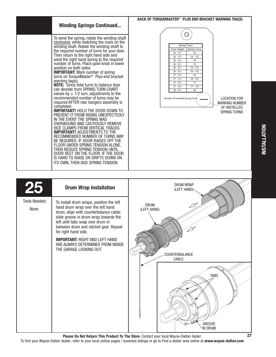Inst alla tion inst alla tion, Drum wrap installation, Winding springs continued | Wayne-Dalton TORQUEMASTER 9800 User Manual | Page 27 / 38