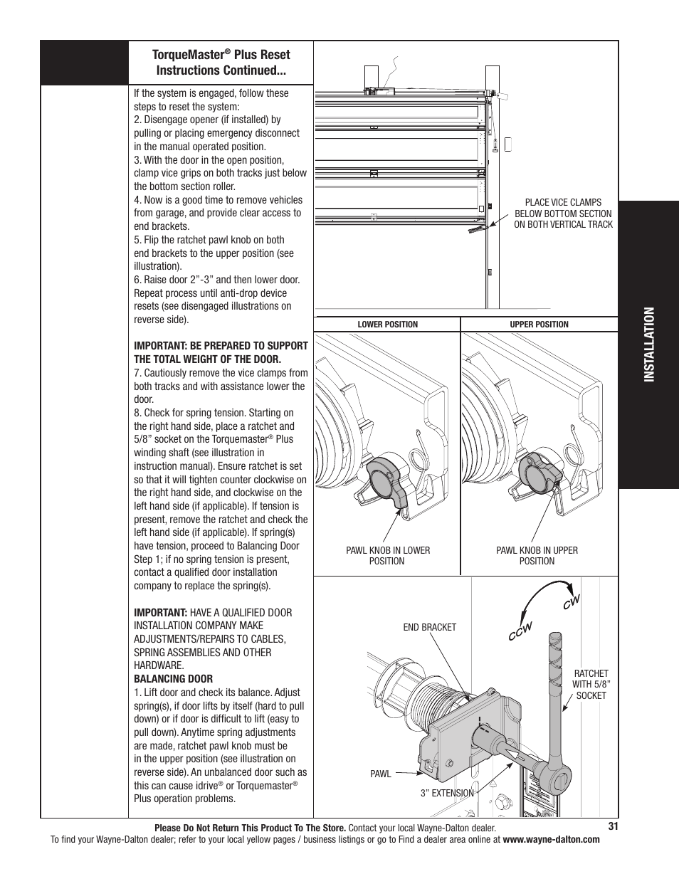 Inst alla tion, Torquemaster, Plus reset instructions continued | Tools needed: 31, Or torquemaster, Plus operation problems | Wayne-Dalton TORQUEMASTER 9800 User Manual | Page 31 / 38
