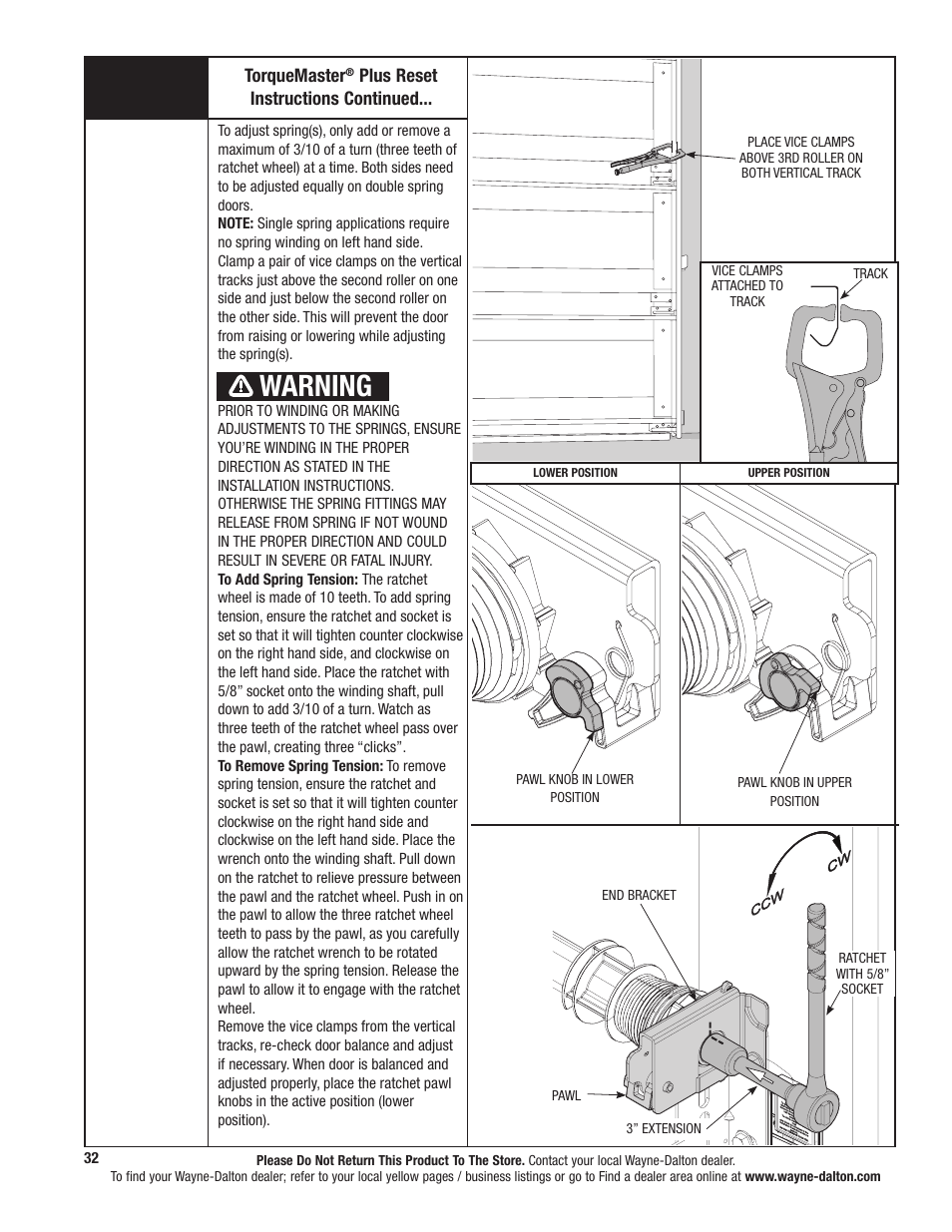Warning, Torquemaster, Plus reset instructions continued | Tools needed: 32 | Wayne-Dalton TORQUEMASTER 9800 User Manual | Page 32 / 38