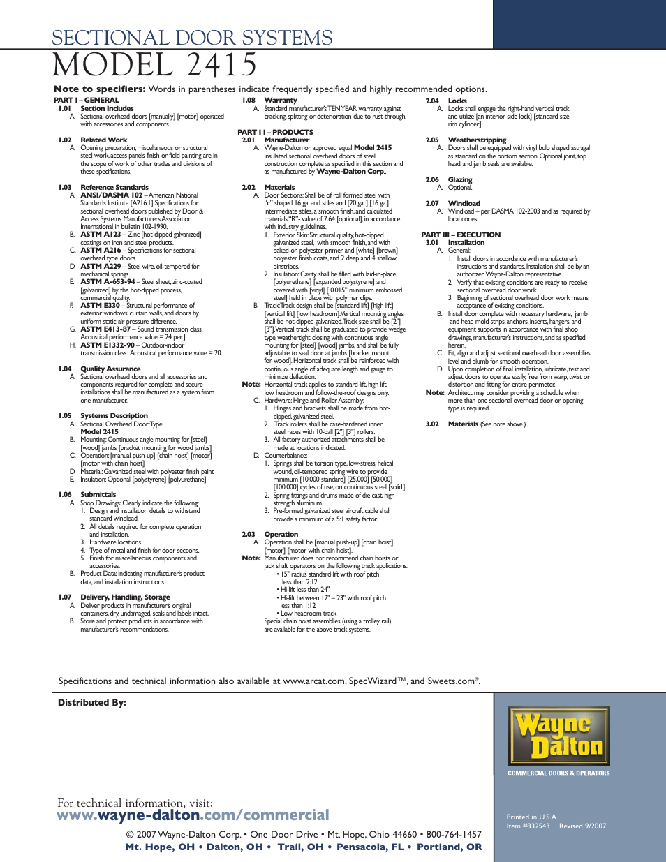 Model 2415, For technical information, visit | Wayne-Dalton 2415 User Manual | Page 4 / 4