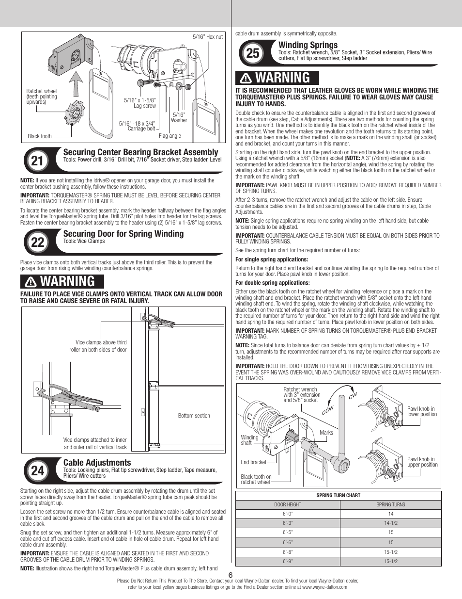 Warning, Securing center bearing bracket assembly, Securing door for spring winding | Cable adjustments, Winding springs | Wayne-Dalton TORQUEMASTER 9600 User Manual | Page 6 / 12