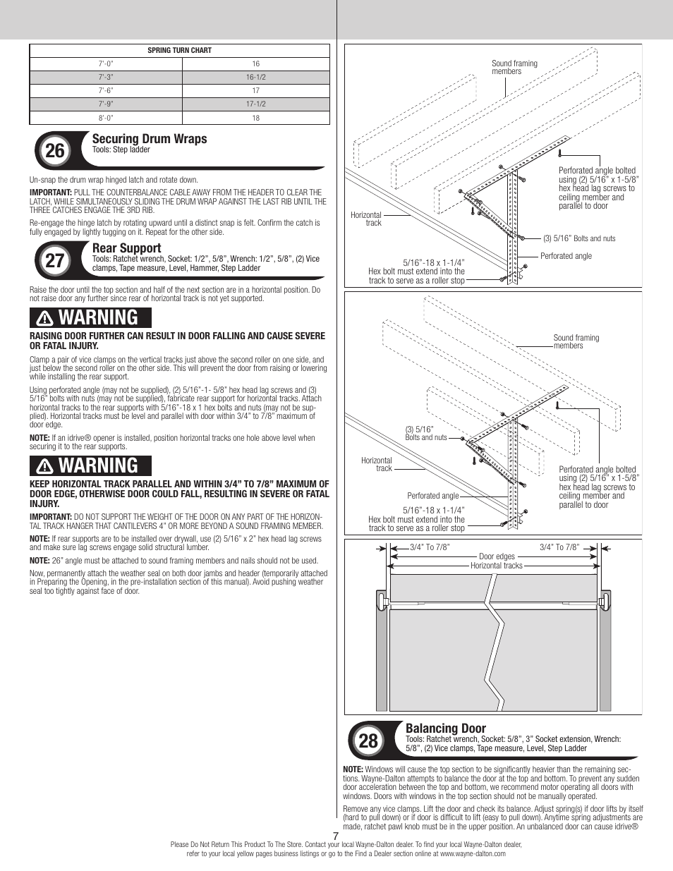 Warning, Securing drum wraps, Rear support | Balancing door | Wayne-Dalton TORQUEMASTER 9600 User Manual | Page 7 / 12