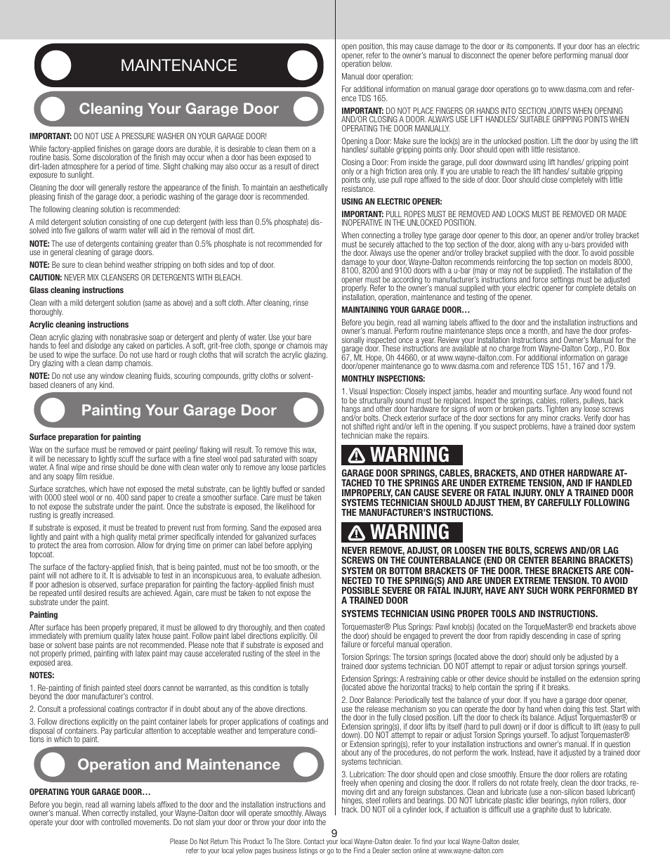 Warning, Maintenance, Cleaning your garage door | Painting your garage door, Operation and maintenance | Wayne-Dalton TORQUEMASTER 9600 User Manual | Page 9 / 12