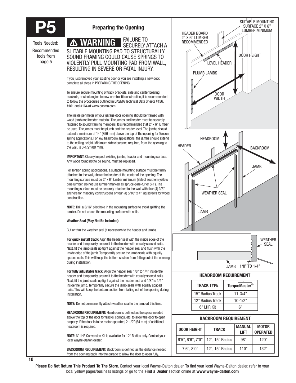 Warning | Wayne-Dalton TORSION SPRING 9100 User Manual | Page 10 / 36