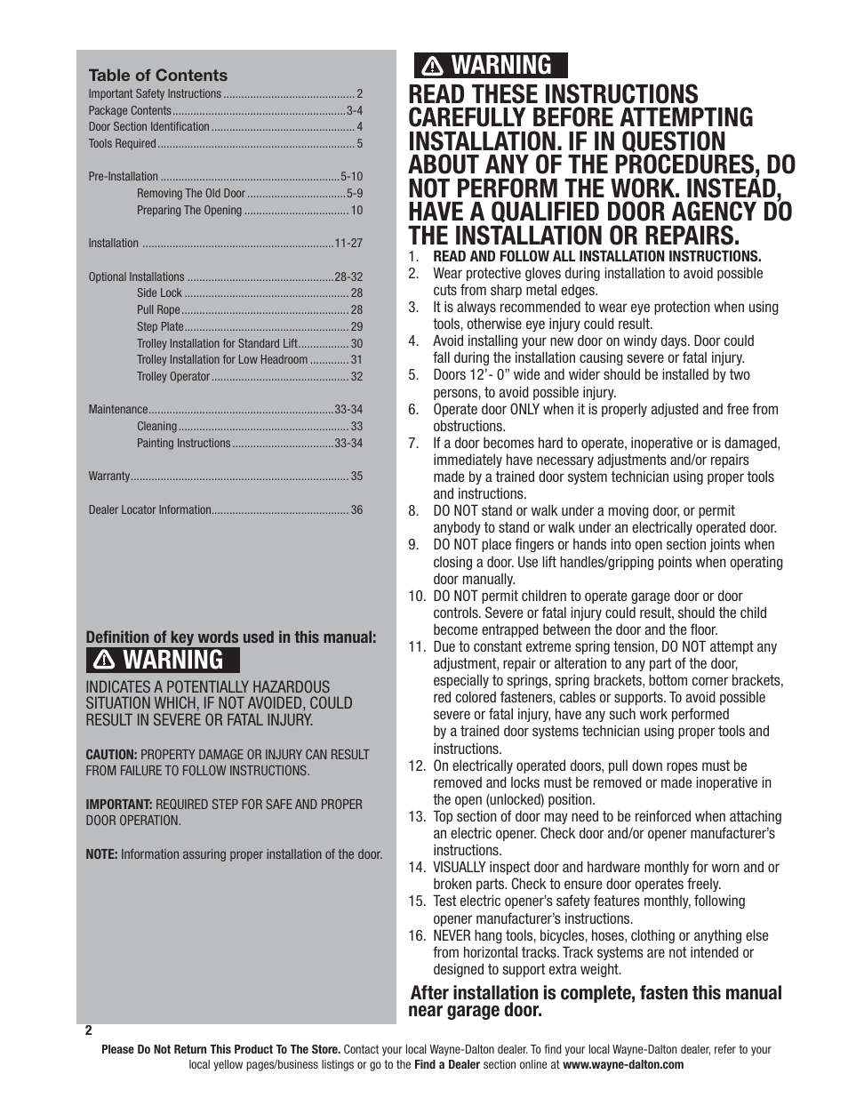Warning | Wayne-Dalton TORSION SPRING 9100 User Manual | Page 2 / 36