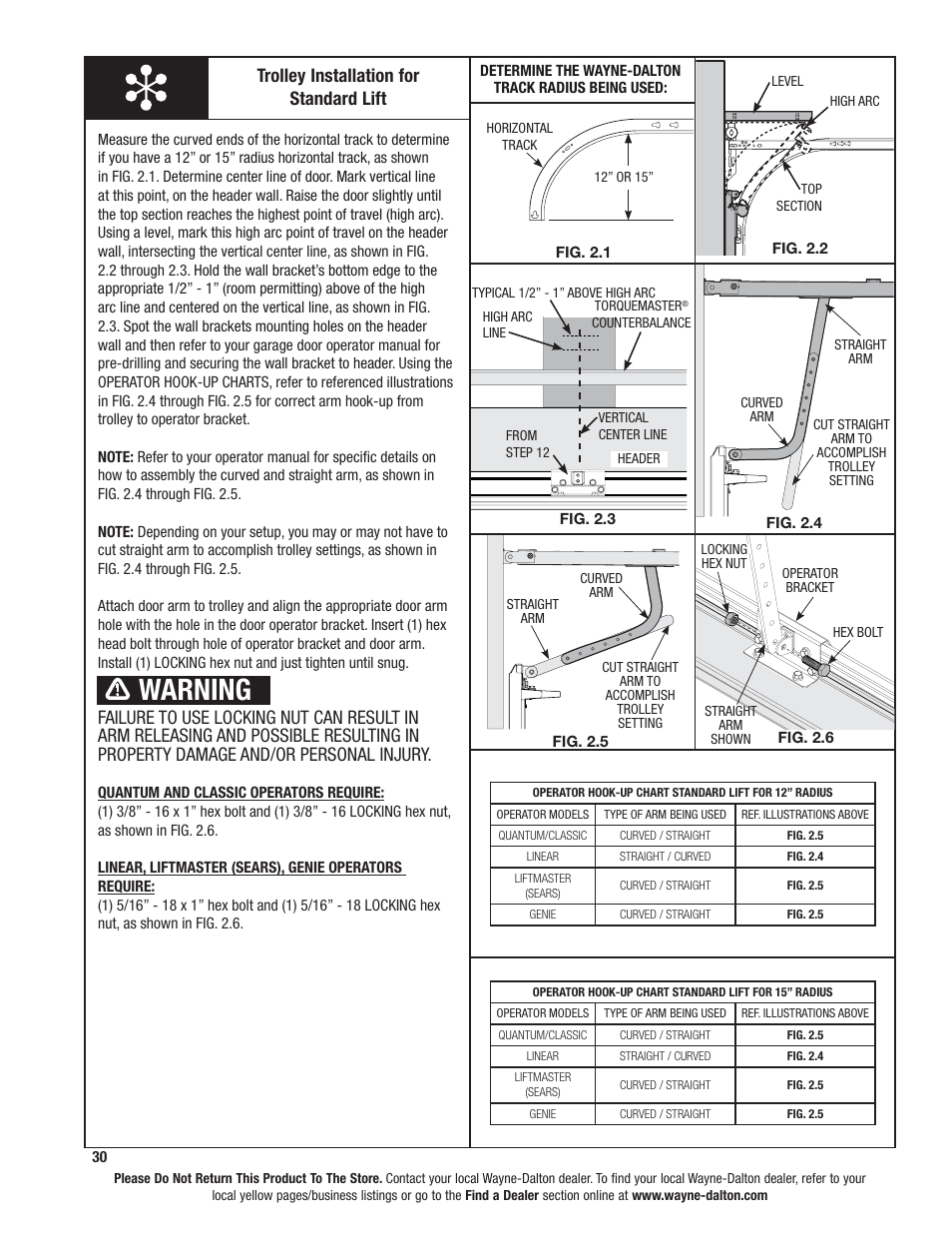 Warning, Trolley installation for standard lift | Wayne-Dalton TORSION SPRING 9100 User Manual | Page 30 / 36