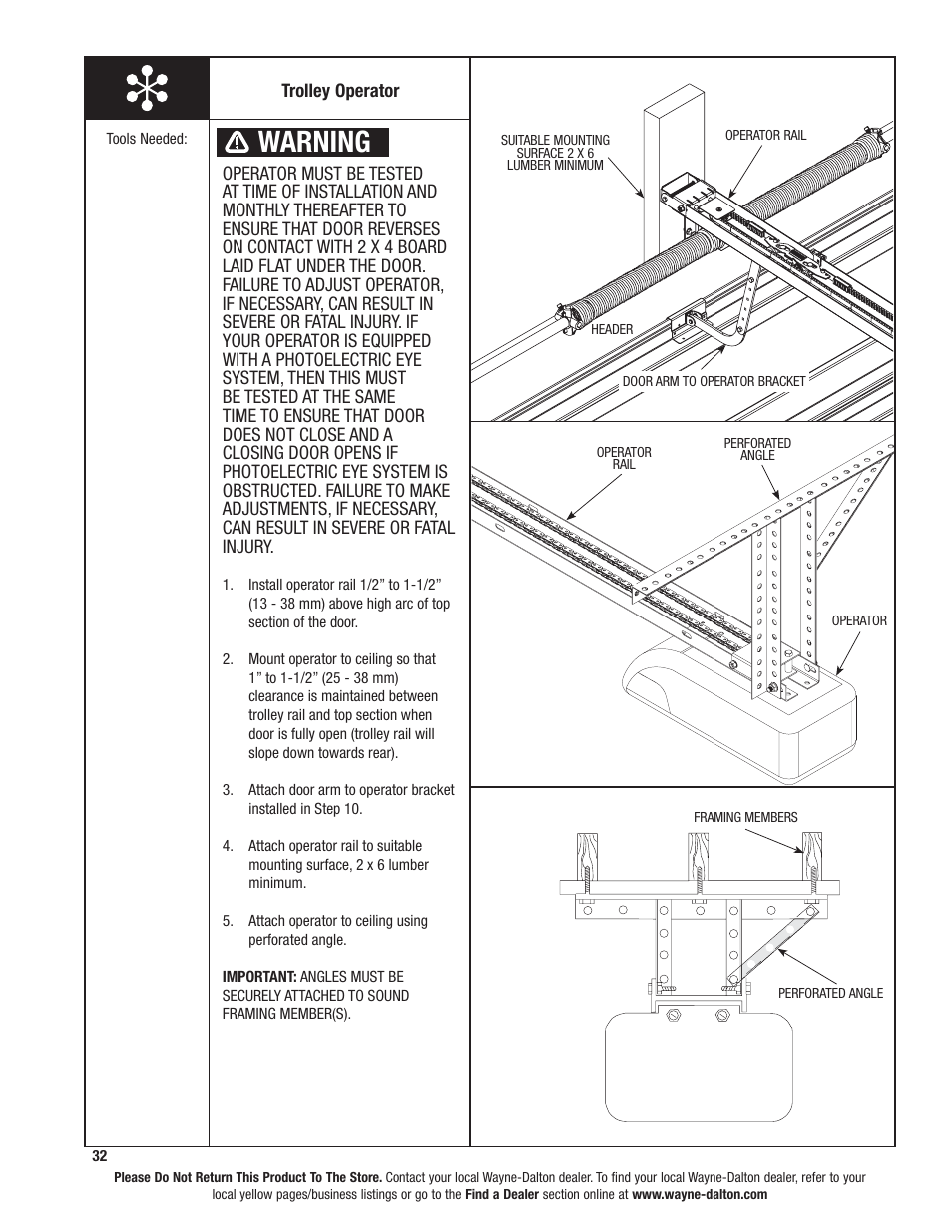 Warning | Wayne-Dalton TORSION SPRING 9100 User Manual | Page 32 / 36
