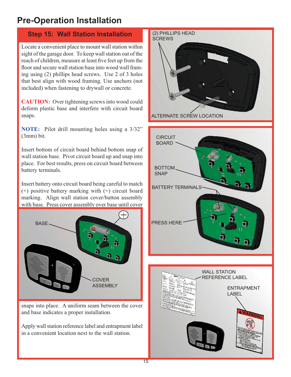 Pre-operation installation, Step 15: wall station installation | Wayne-Dalton IDRIVE 3982 User Manual | Page 15 / 36