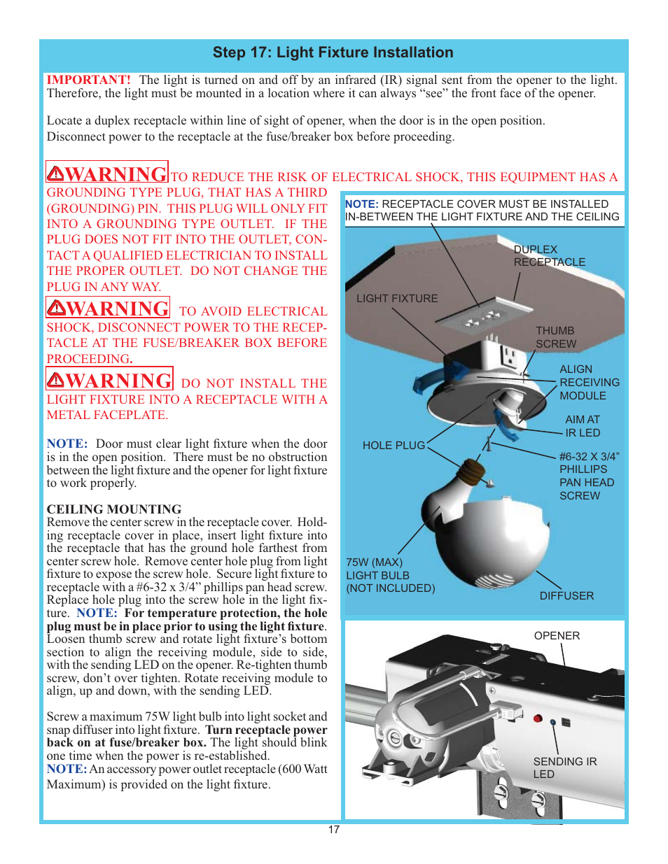 Warning | Wayne-Dalton IDRIVE 3982 User Manual | Page 17 / 36