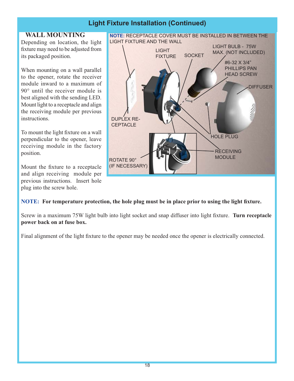 Wall mounting, Light fixture installation (continued) | Wayne-Dalton IDRIVE 3982 User Manual | Page 18 / 36