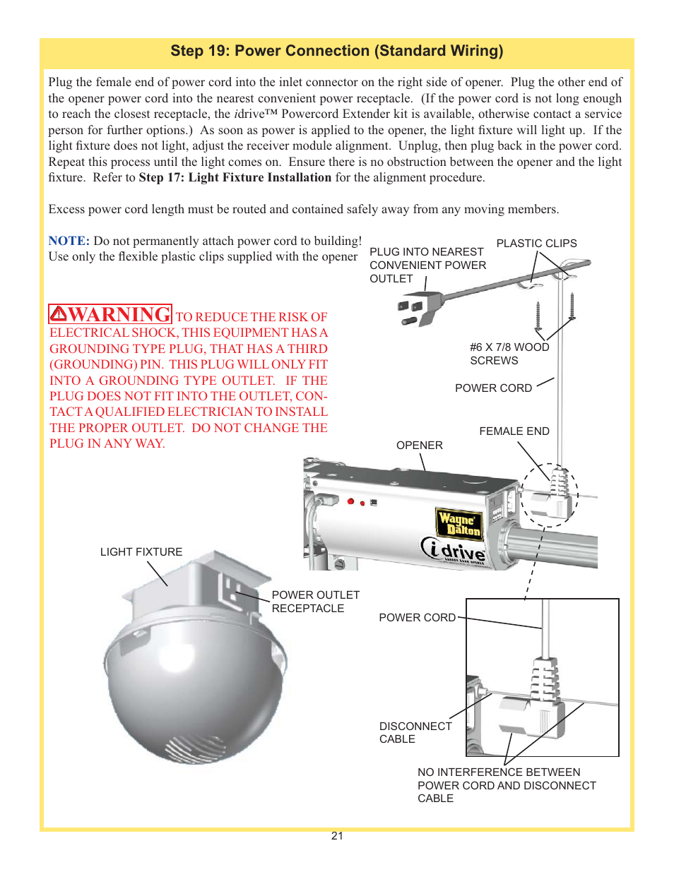 Warning, Step 19: power connection (standard wiring) | Wayne-Dalton IDRIVE 3982 User Manual | Page 21 / 36