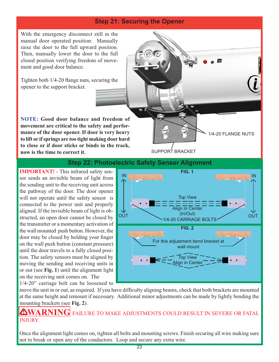 Warning, Step 21: securing the opener, Step 22: photoelectric safety sensor alignment | Wayne-Dalton IDRIVE 3982 User Manual | Page 23 / 36