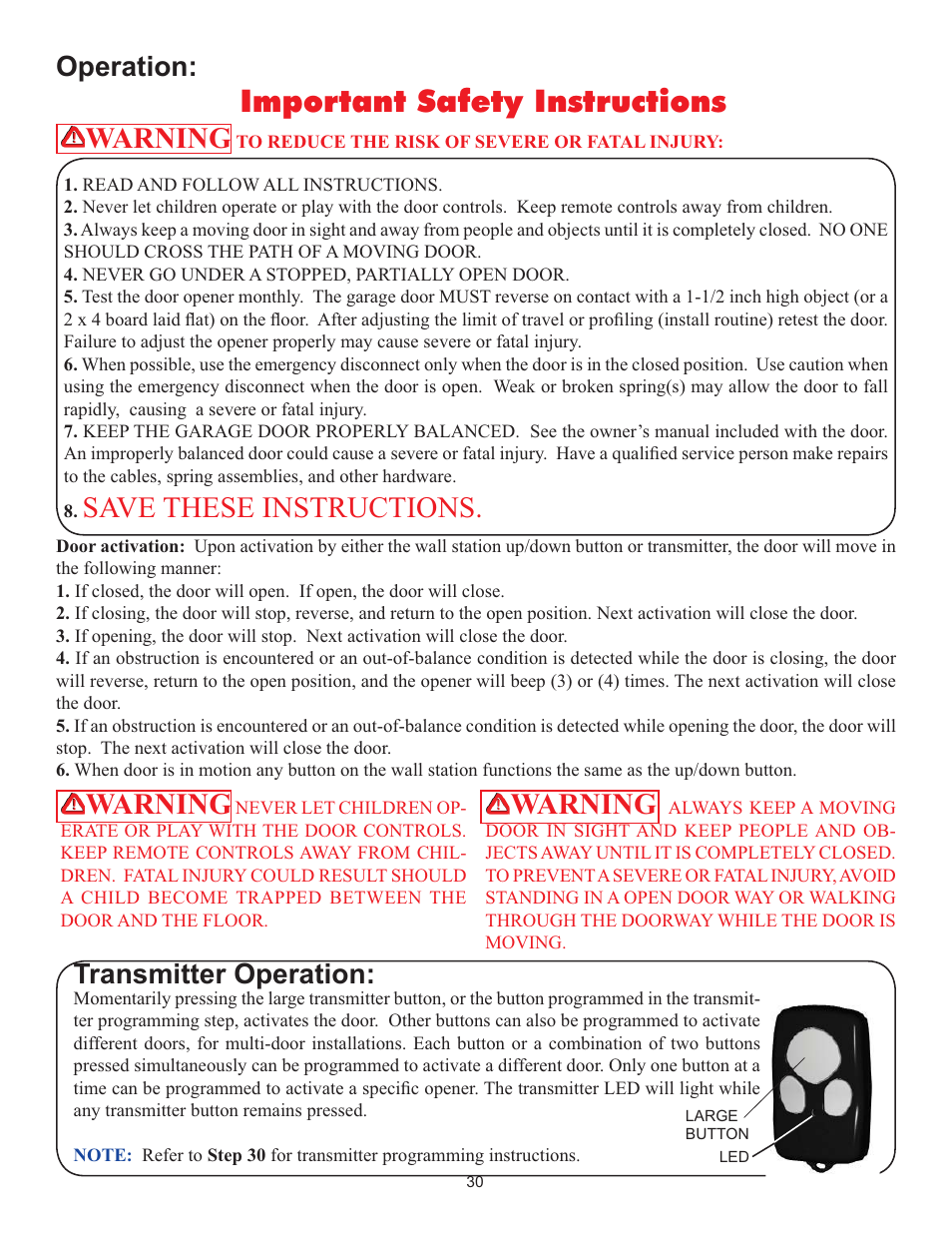 Important safety instructions, Warning, Save these instructions | Operation, Transmitter operation | Wayne-Dalton IDRIVE 3982 User Manual | Page 30 / 36