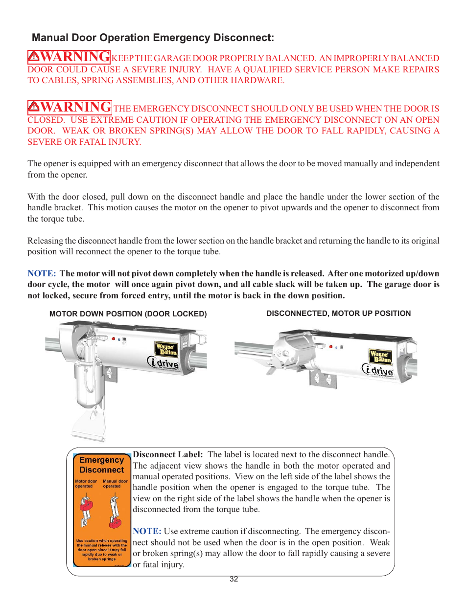 Warning | Wayne-Dalton IDRIVE 3982 User Manual | Page 32 / 36