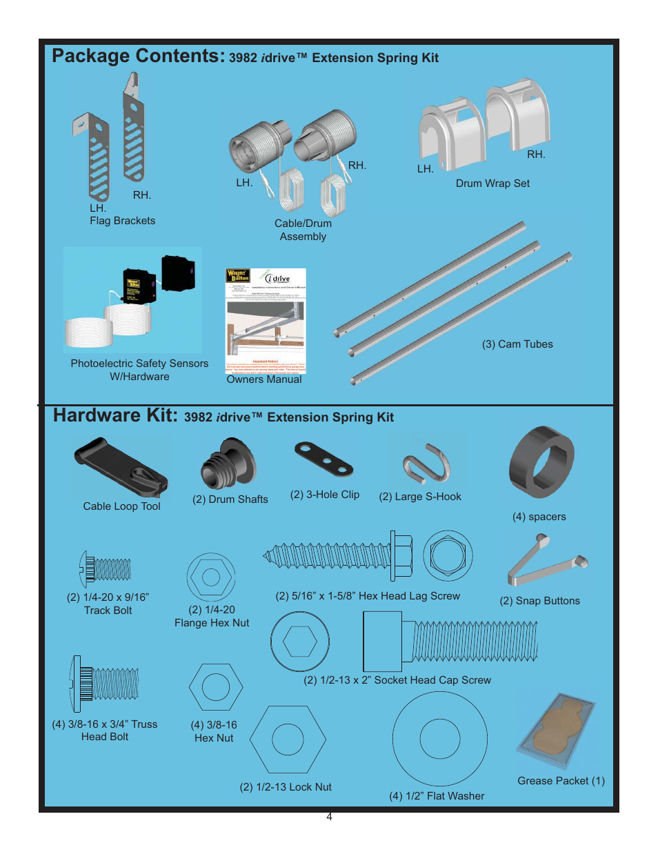 Hardware kit, Package contents | Wayne-Dalton IDRIVE 3982 User Manual | Page 4 / 36