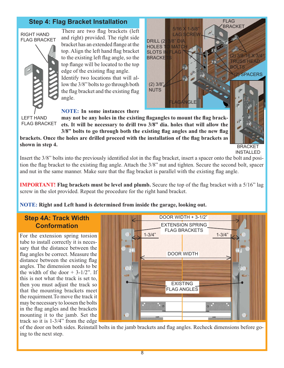 Step 4: flag bracket installation, Step 4a: track width conformation | Wayne-Dalton IDRIVE 3982 User Manual | Page 8 / 36