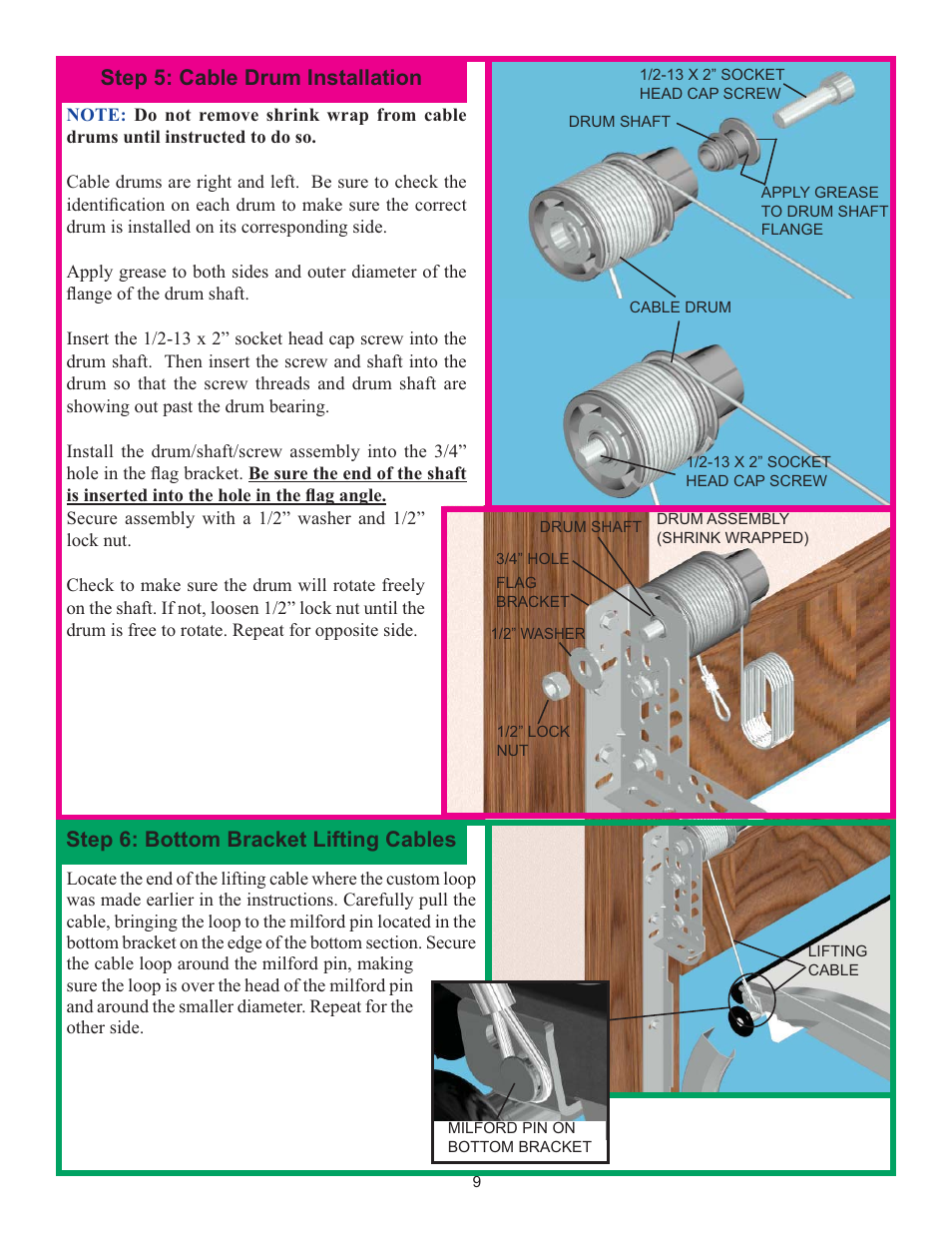 Step 5: cable drum installation, Step 6: bottom bracket lifting cables | Wayne-Dalton IDRIVE 3982 User Manual | Page 9 / 36