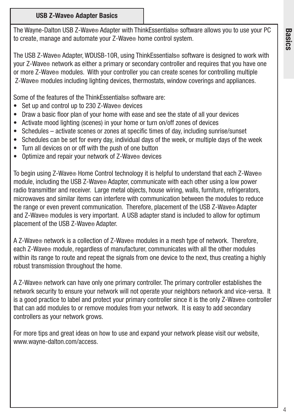 Basics | Wayne-Dalton Z-Wave WDUSB-10 User Manual | Page 4 / 42